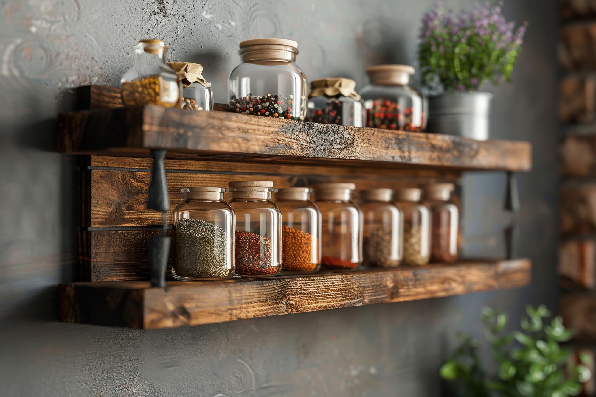 atelier culinar interior, rafturi cu borcane și condimente